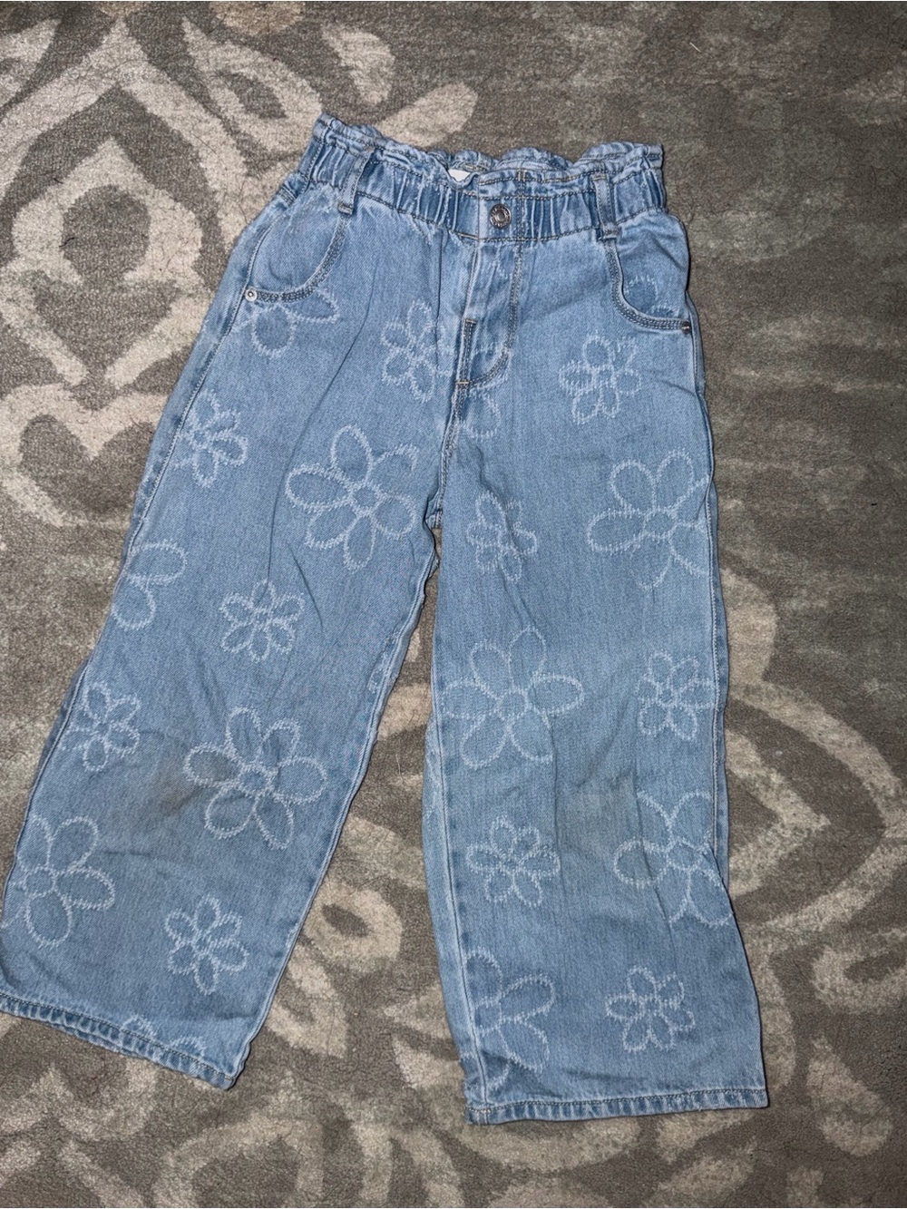 Zara Girls' Light Blue Floral Denim Wide-Leg Jeans